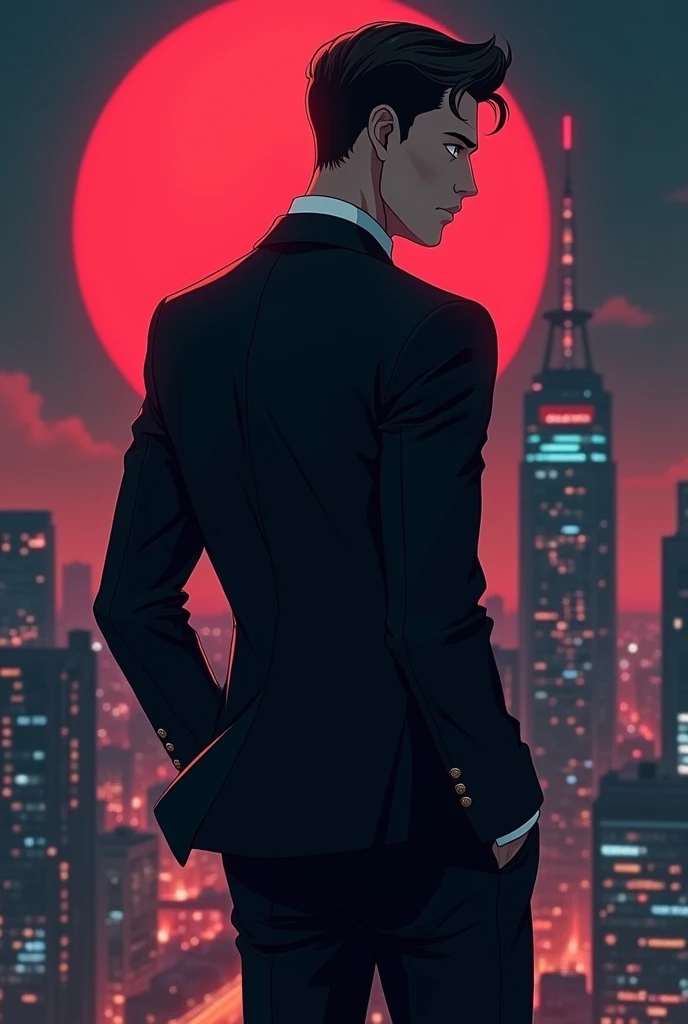 Show me a animated picture of a young man wearing a fitted black suit showing his face and turning his back into a background featuring a night city with a red moon