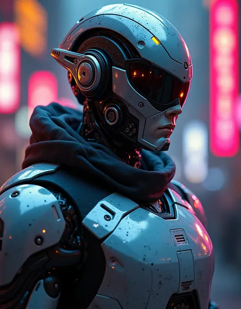 A highly detailed, realistic male cyborg with a cyberpunk aesthetic. The cyborg should feature a polished chrome robotic suit, glowing futuristic eyes, and a pixelated or blurred face. It should also wear dark, cyberpunk-style glasses. The design should in...