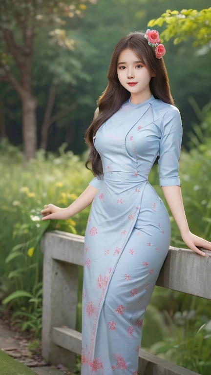 Burmese girl with attractive curvy full body.  Friends full-length bikini, (green dress) reflective long dress painted with flower patterns, only dress.  hi gh hips  High resolution  High resolution  natural background  High resolution  HD  3D,  8K cartoon...