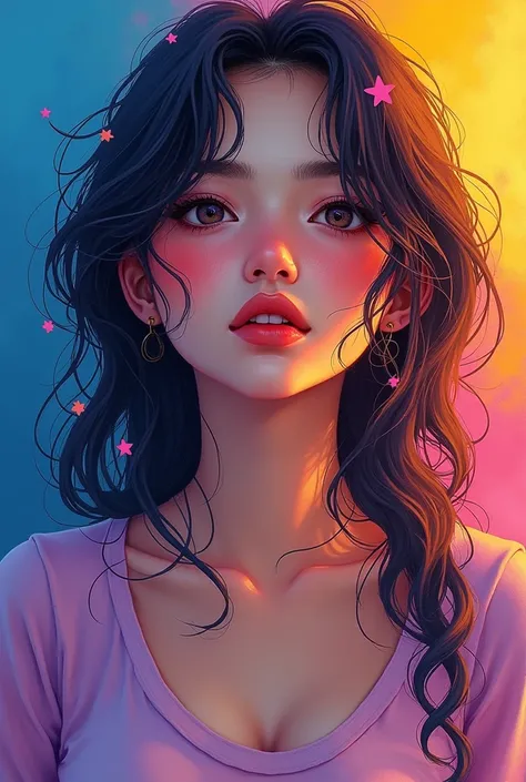 Colorful beautiful girl：28-year-old girl，dirty hair，oil painted，perfect face，soft skin, perfect face，blue-yellow colors，Added light purple and violet colors.，added light red color，complex parts，screensaver，permission 8k，chedevr, cute face, ArtStation digit...