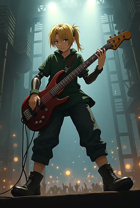 Faça o Edward Elric do fullmetal alchemist, playing bass in front of a stage