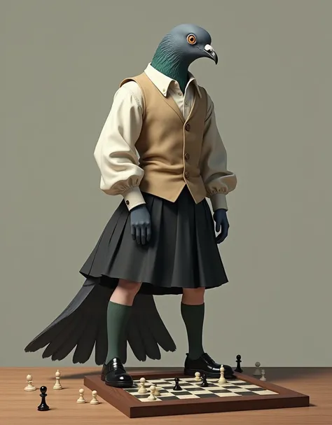 ((Highest quality)), ((masterpiece)), (detailed), A gray female pigeon wearing an off-white collared short-sleeved shirt, a light brown vest, a knee-length black skirt, dark green socks and black shoes.、Playing Othello at the table、Muscular grey female pig...