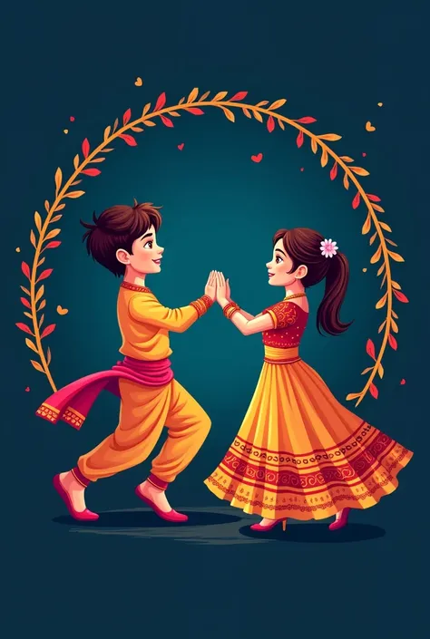 Make a profile picture for Instagram for garba classes name is RAJPUT GARBA CLASSES BACKGROUND IS DARK BLUE AND MAKE IS IN CIRCULAR BASIS also put one boy on left side play garba and one girl on right side playe garba