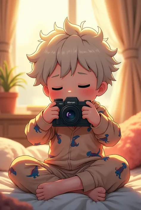 A cute young anime boy with fluffy hair and dinosaur pajamas sits with his legs stretched out, taking a realistic photo while showing his underwear.