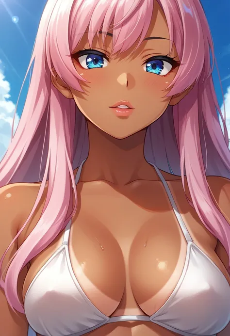 score_9, score_8_up, score_7_up, source_anime, style, takeda hiromitsu style,blue  eyes, pink hair, long hair, very dark tanned skin, tanlines, makeup, perky lips, middle breasts, top, wreidangle, face focus, close up, portrait, masterpiece, 4k, best quali...