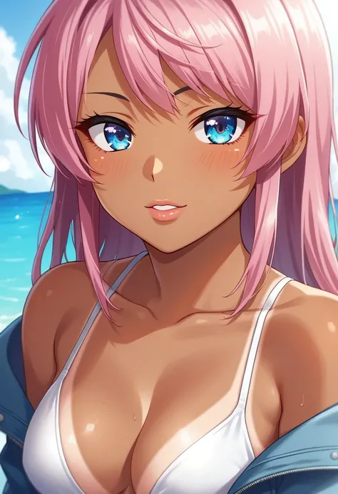 score_9, score_8_up, score_7_up, source_anime, style, takeda hiromitsu style,blue  eyes, pink hair, long hair, very dark tanned skin, tanlines, makeup, perky lips, middle breasts, top, wreidangle, face focus, close up, portrait, masterpiece, 4k, best quali...