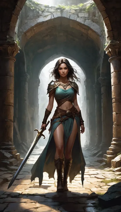 create an illustration of Malenia walking towards the viewer wielding a long sword that she drags on the ground. She is in a ruined dungeon with a vaulted ceiling shape.. The image must show all the beauty and glory of Malenia blade of miquella.