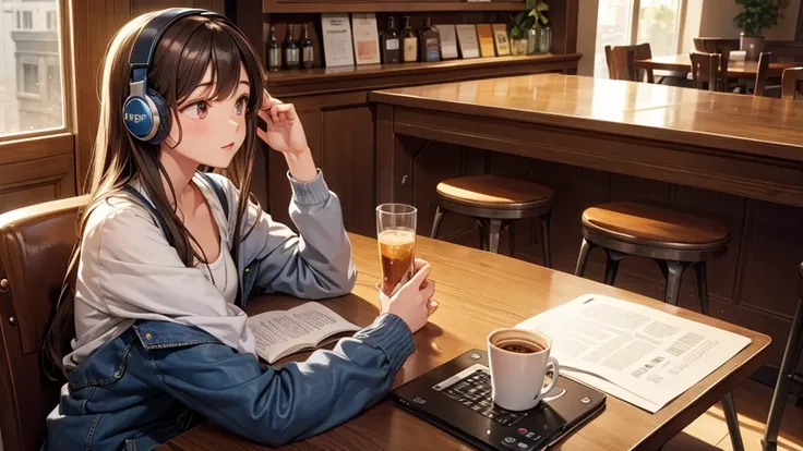 Girl with headphones enjoying music in a cafe　I am studying　Emphasize a little bit of the chest