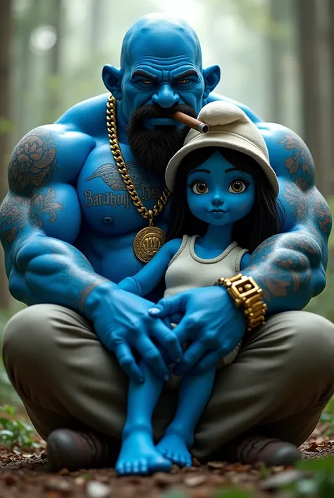 Smurfette is now a very beautiful young Japanese girl sitting on Papa Smurfs lap. Papa Smurf is very muscular and strong, with a cigar in his mouth and tattoos on his arms. He is seated in a chair. He has a gold necklace around his neck, and in one hand, h...