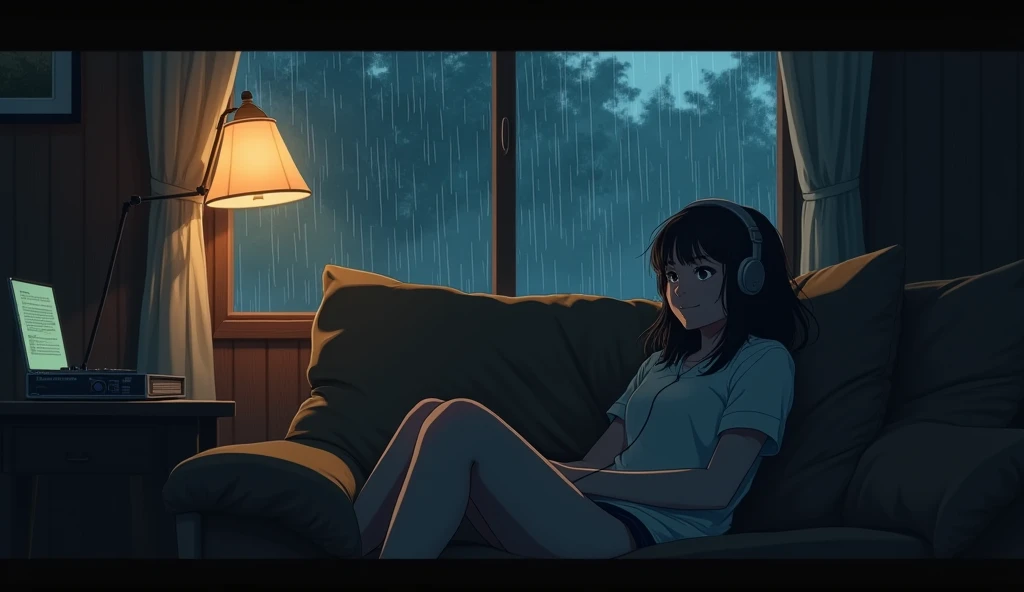 night、Listen to music in a cozy room, Use headphones, 2D anime style, lo-fi, hard disk, dark environment、aunt、that&#39;It&#39;s raining outside.、You look happy