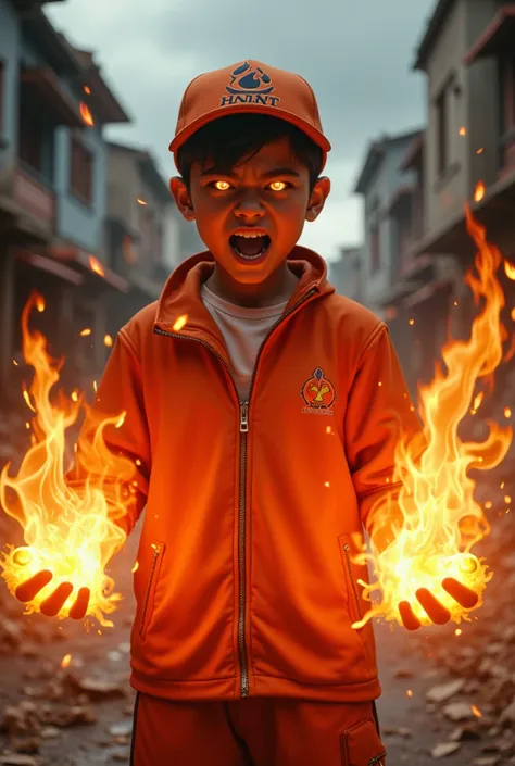 a young real teenage age . 19 Malaysia Indonesia.(orange eyes) Glowing eyes. Anger face. Open mouth. . wearing an (red orange ) zip-up shirt, (red orange) red orange cap with small logo (flame) logo. Enger face . Dramatic.red orange singlet., detailed face...