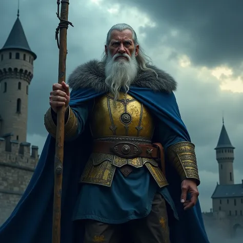 Stunning 4K high resolution image of an old warrior using a staff, blue clad with gold armor, who stands looking down, sad face mixed with anger, the background of the castle on a cloudy and thundering night