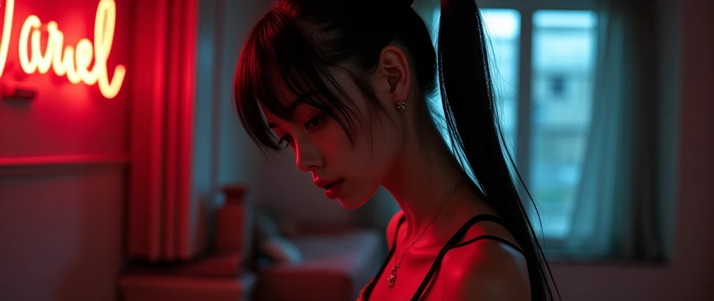 a very beautiful and very thin girl, black pigtails, wears red underwear with tights and latex face mask, dark room with outside neon lighting, viele details, extremely realistic, European comic book aesthetic, good quality, HD, 8k, type font: KINA SOZIOC