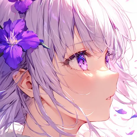 highest quality, masterpiece, surreal), Portrait of a beautiful and delicate profile girl, Playful and cute, Petals are floating in the background,Beautiful iris flowers,