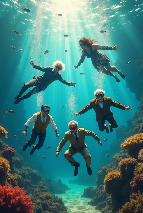 Albert Einstein snorkeling underwater with Santos Dumont, nicolas tesla, thomas edson , Julian Moreira,  Nelson Mandela and Machado de Assis