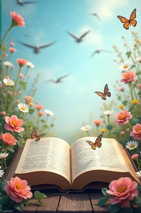 open bible, around flowers, and butterflies flying around, in the background the blue sky, and birds flying 