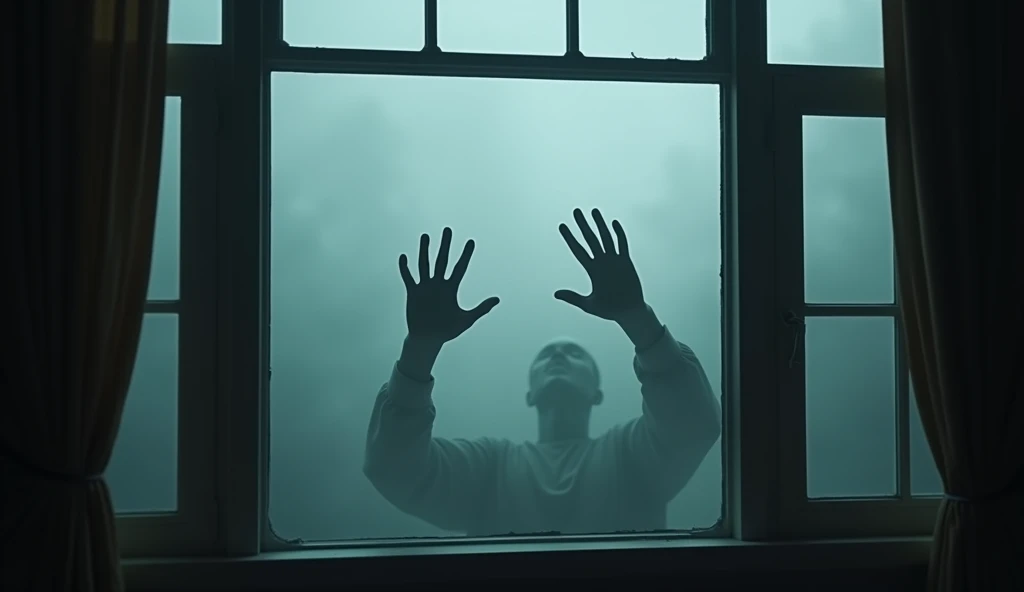 (best qualityer,4K,8k,high resolution,work of art:1.2),ultra detaild,sharp focus,(Realist,fotorRealista,foto-Realista:1.37),Window from inside, Outside there is fog, you can see some terrifying hands,extremely fine details,details Intricate, intense lighti...