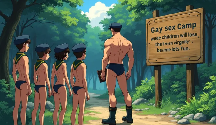 Five boys are wearing a beret and a triangular scarf around their necks. They are also wearing a scout sash. They are wearing only very short underwear that shows a little of their ass and hiking boots. In front of them is a big muscular man wearing only a...