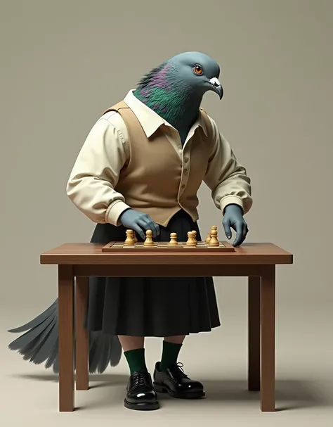 ((Highest quality)), ((masterpiece)), (detailed), A gray female pigeon wearing an off-white collared short-sleeved shirt, a light brown vest, a knee-length black skirt, dark green socks and black shoes.、Playing Othello at the table、Muscular grey female pig...