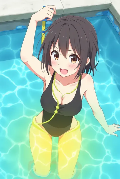 Anime, girl, girl in a swimsuit, girl in a swimsuit with a tube that is inserted into a swimsuit, pees, pees herself, pees with yellow urine, pees into a tube that is inserted into a swimsuit, yellow urine flows from a tube that is inserted into a swimsuit...