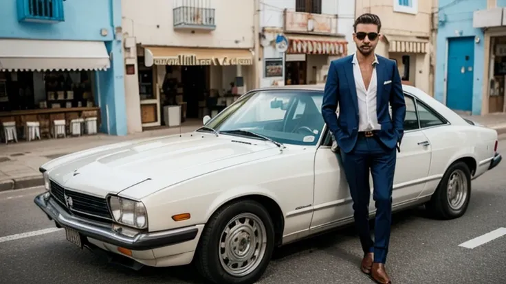 Well dressed man next to a car on the streets of Ibiza