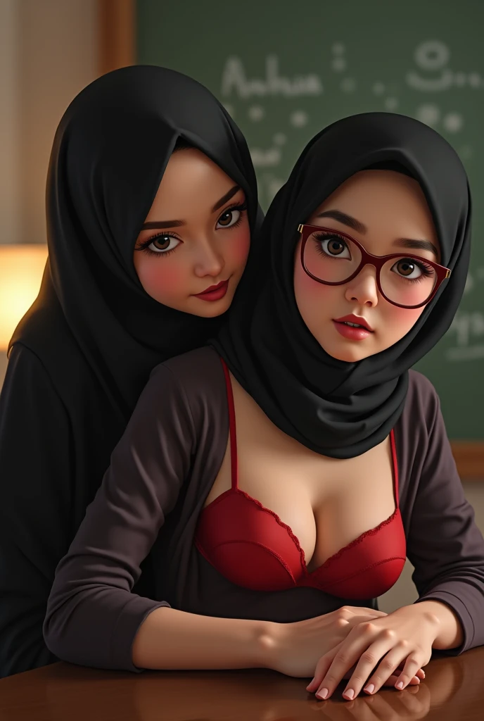 beautiful 35 yo indonesian hijab teacher wearing glass,black bra,medium breast,pale eyes,laying on the table,hug from.behind by a 20 yo woman medium tit,,short hair,wearing red lingeri,front view,