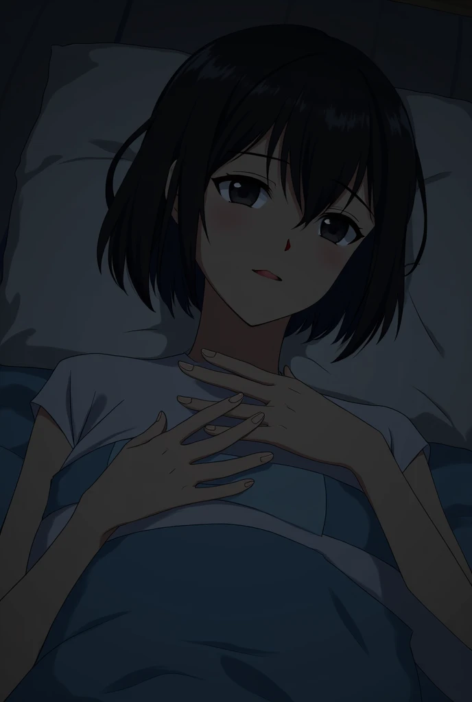 masterpiece, High resolution, figure, Kyoto Animation Style, Your Name Movie Style, night, midnight, Light, (1 female: 1.3), (alone: 1.4), Long eyelashes, Short Bob, Red nose, futon, Lying down, naked, Face close-up, Cover your chest with your hands, Hide ...