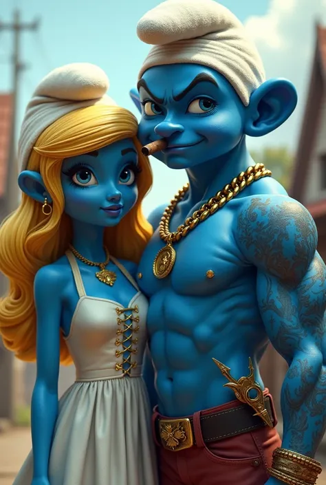 Smurfette is now a very beautiful young blonde woman standing next to Papa Smurf. Papa Smurf is muscular and strong, with a symmetrical face and sharp eyes. He has a cigar in his mouth, tattoos on his arms, and is also standing. He wears a gold necklace ar...