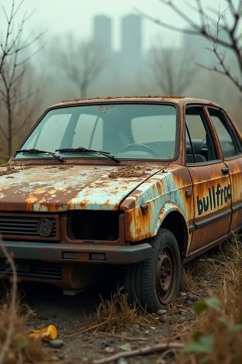 Worst rusty car in the world, smoking and abandoned.broken glass without tire ,all full of rust with weeds growing and "bullfrog" written on the right door, It doesn&#39;t have a left door, the car is a Fiat Marea Turbo 