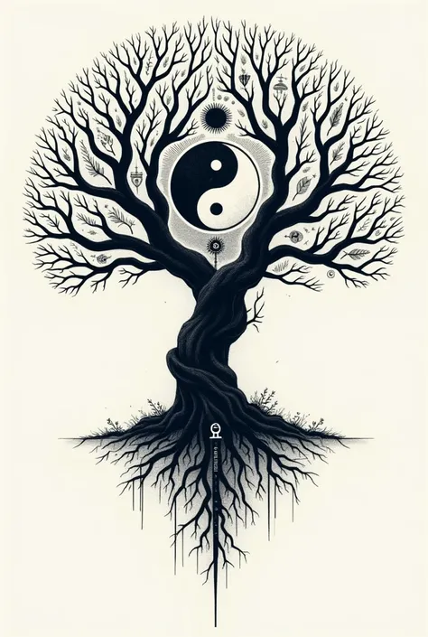 Can you make me the world tree for an iPhone wallpaper in an artistic way That looks like a yggdrasil tattoo With the Ying and the yang and Viking runes and the sun and the moon With quite fine lines on the tree