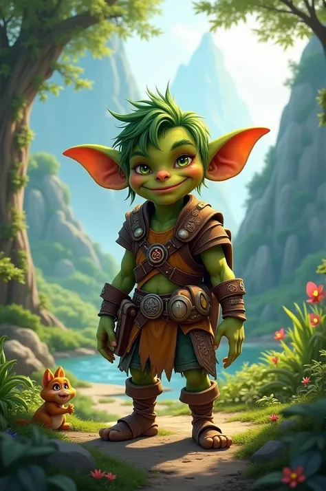 Character for a fantasy video game in which the character is a 17-year-old humanoid goblin adventurer 