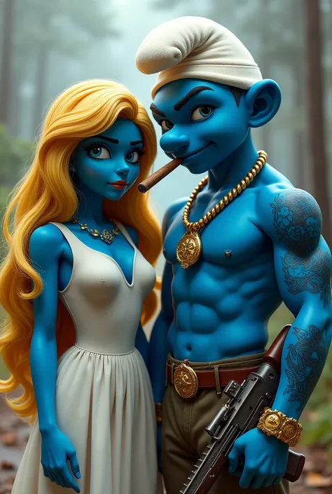 Smurfette is now a very beautiful young blonde woman standing next to Papa Smurf. Papa Smurf is muscular and strong, with a symmetrical face and sharp eyes. He has a cigar in his mouth, tattoos on his arms, and is also standing. He wears a gold necklace ar...