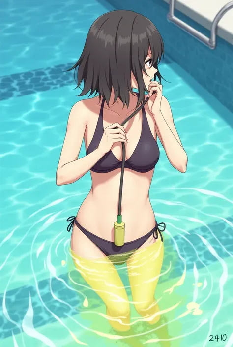 Anime, girl, girl in a swimsuit, girl in a swimsuit with a tube that is inserted into a swimsuit, pees, pees herself, pees with yellow urine, pees into a tube that is inserted into a swimsuit, yellow urine flows from a tube that is inserted into a swimsuit...