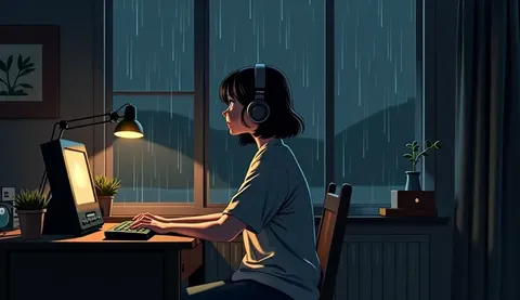 night、Listen to music in a cozy room, Use headphones, 2D anime style, lo-fi, hard disk, dark environment、aunt、that'It's raining outside., Side view of sitting at desk,