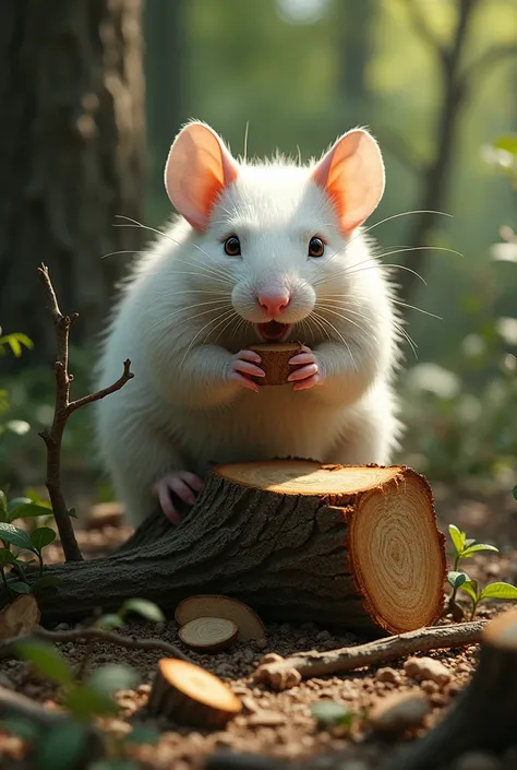 The white rat cut the tree to pieces