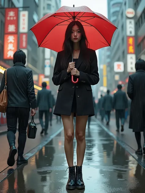 hyper realistic, a beautiful chinese woman in Tokio, just wearing Black Dr. Martens Boots and a Red umbrella. Nobody looks at the woman, everyone minds his own business. Its a Rainy Day with some puddles on the ground.