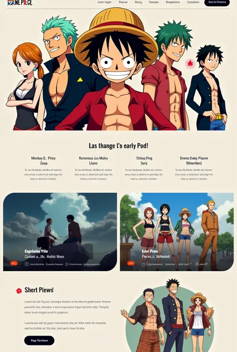 Create a modern One Piece landing page, where the characters are shown, episodes and others