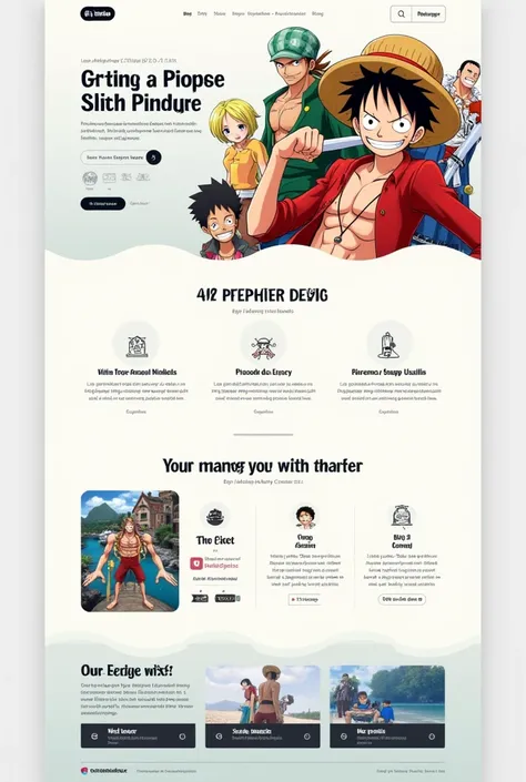 Create a modern One Piece landing page, where the characters are shown, episodes and others