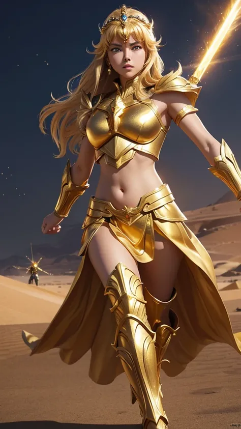 1girl, solo, saint seiya_custome, superhero, gold armor, gold dress, beautiful princess, belly, are on the battlefield, gold sword, gold skirt, running, background in the desert of war