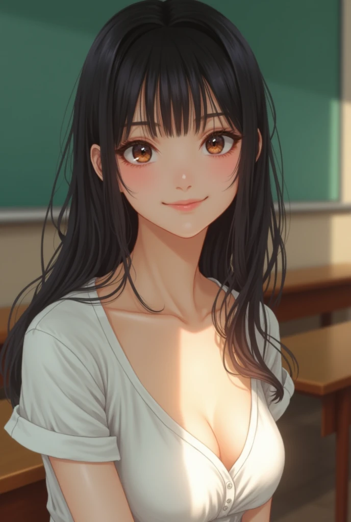 Highest quality, Soft Light, Ultra-high resolution, (Realistic:1.4), RAW Photos, Of Japanese, alone, cute, (A shy smile:0.5), (Brown eyes, Light in your eyes), Beautiful face in every detail,,(High resolution detail of human skin texture), In the classroom...