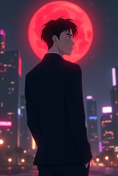 Show me a animated picture of asian young man seeing his whole slim body wearing a black fitted blazer turning his back in the background featuring night city and red moon