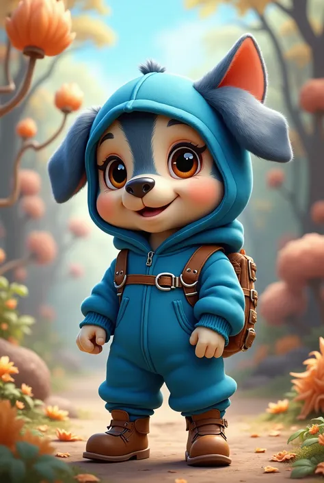 A cute humanoid puppy，Blue clothes，Blue pants，boots，Blue hat
