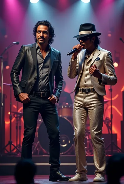 Diomedes Diaz lookalike stands on stage next to Michael Jackson lookalike, which has a microphone in its hand