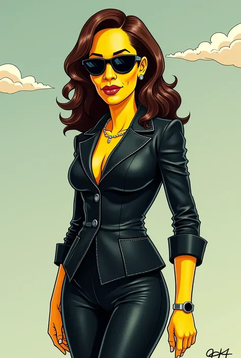 Kamala Haris style traits of the Simpson cartoon with neo Matrix outfit and sunglasses 
