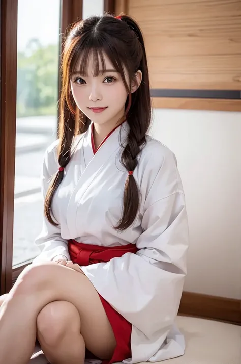 8k、High definition、Ultra Detail、Photorealistic、High resolution、Realistic and accurate depiction、Realistic and accurate human anatomy、Highest quality、Japanese women 、beautiful girl、White and red hakama、Red hakama on top and red on bottom,White tabi,Red ribb...