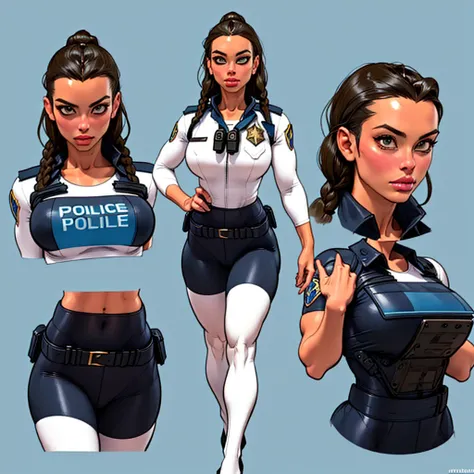 ((masterpiece)),(((best quality))),((character design sheet)), illustration,1woman, environment Scene change, (long braided hair:1.4),((futuristic police officer:1.5)), muscular, black legs, thick legs, (pale skin:1.3)scribbles and marks, light blue shirt,...