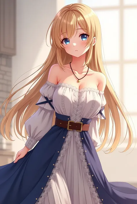 masterpiece++, best quality++, beautiful+, anime style,1person,full body image, long lacey skirt, leather belt, off shoulder top, beautiful straight blonde hair, beautiful blue eyes++,long straight hair, necklace