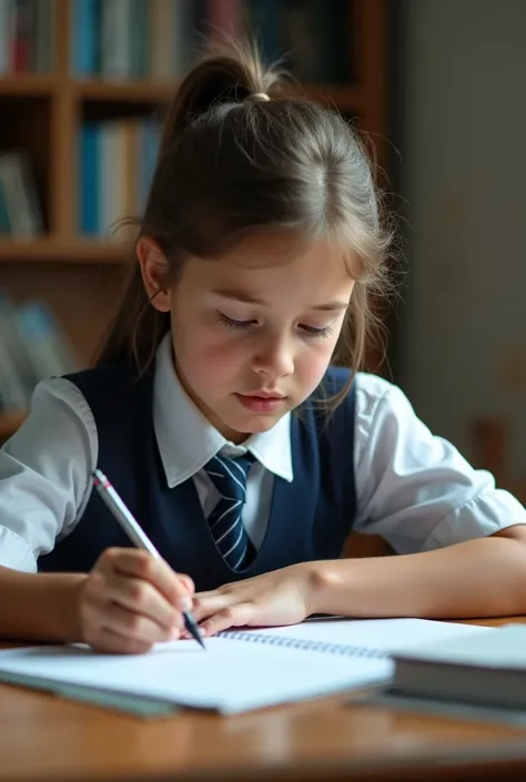 Developing cultural and intellectual skills, education according to the curricula prescribed for students ,  receiving information in the classroom, a close-up picture of a  student wearing a uniform  sitting on a school desk, performing school assignments