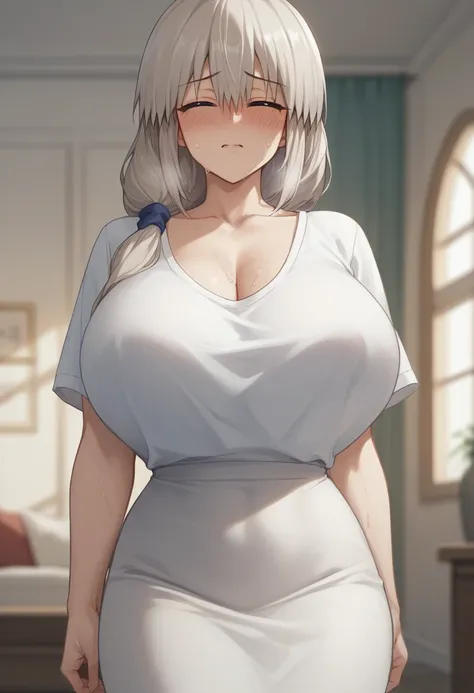 Huge breasts、blush、Sweat、In the heat、Long white hair、Braiding、uzaki_fortune、
{Highest quality}, {so beautiful}, {Very detailed}, {Best illustrations},Cleavage、White T-shirt(tight)、White long skirt、Are standing、