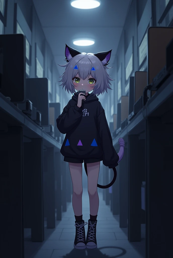 (Solo:1.3), Female cute feline, black and white fur, blue and purple triangle shaped fur markings, white shaggy hair, small cute black horns, cute face, cute body, standing in a dimly lit computer Internet cafe hallway, jitome, holding an iPhone, cellphone...